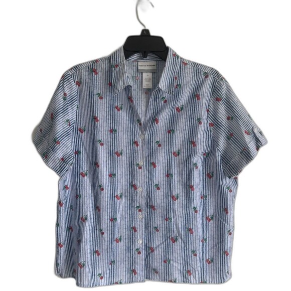 Alfred Dunner Tops - Alfred Dunner Blue & White Striped Cherries Short Sleeve Button Up Large Petite